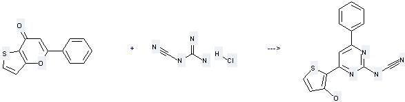 The Cyanoguanidine monohydrochloride can react with 5-Phenyl-thieno[3,2-b]pyran-7-one to get Cyanamino-2(hydroxy-3' thienyl-2')-4 phenyl-6 pyrimidine